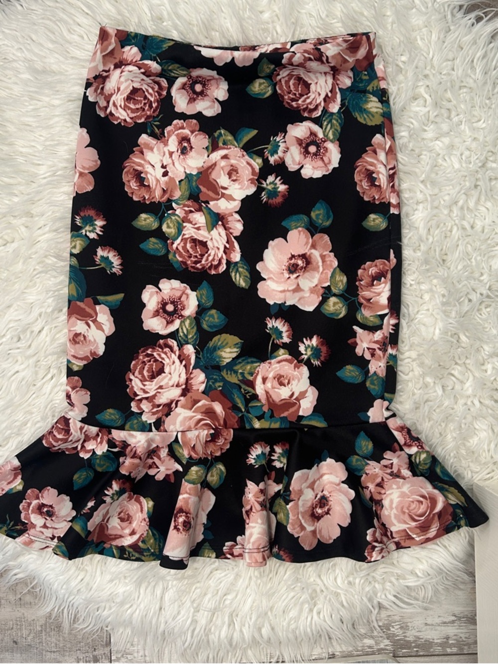 LIVELY Black Pencil Skirt with Pink Floral Ruffle Hem